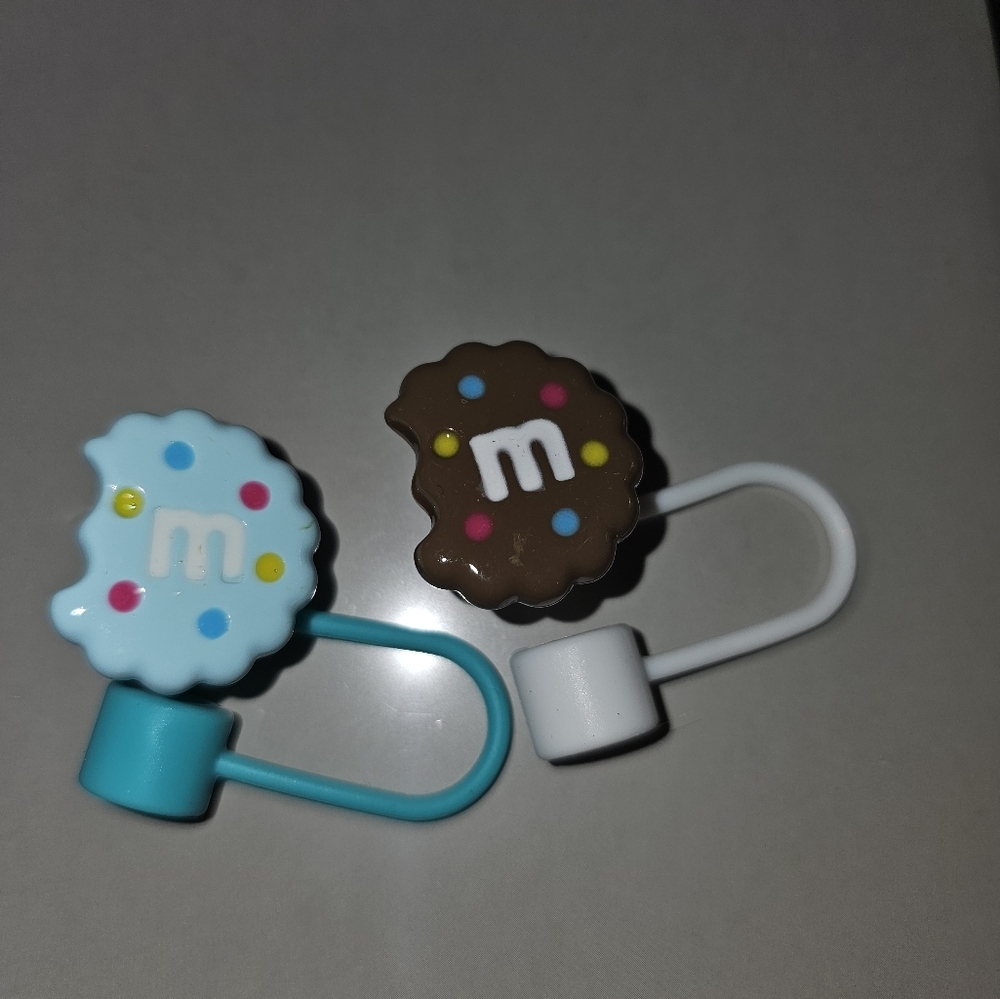 2 Straw Toppers  Teal and Chocolate Cookie With M & M Letter On It
